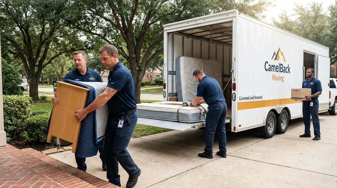 Crew loading residential truck for cross-state move from Brea, CA