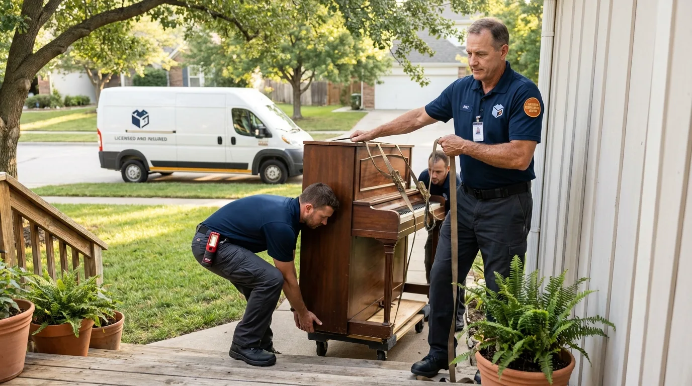 Licensed piano movers securing grand piano in Brea, CA