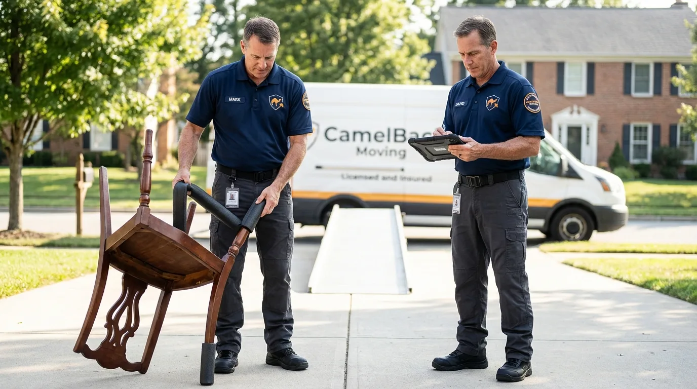 Movers inspecting furniture for damage prevention before loading in Brea, CA