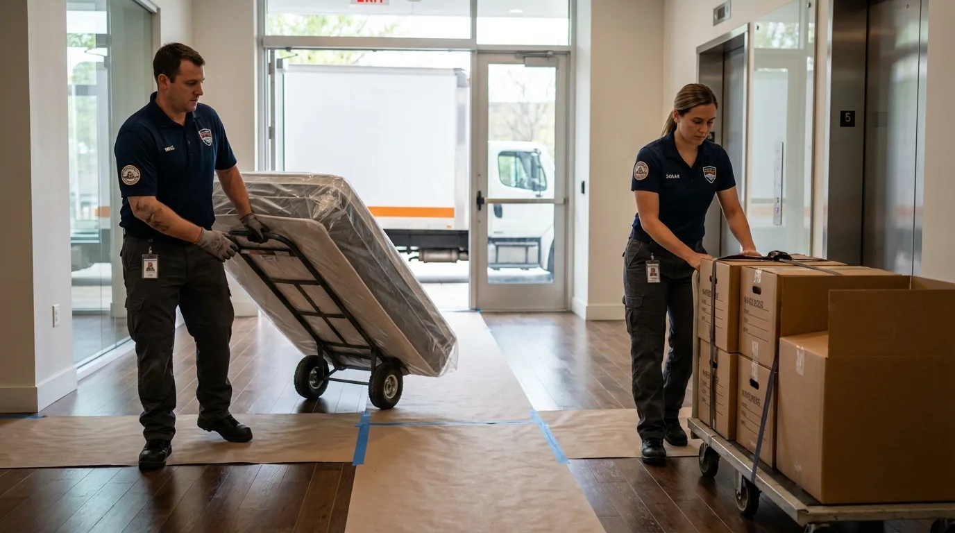 Professional apartment movers loading elevator in Brea, CA